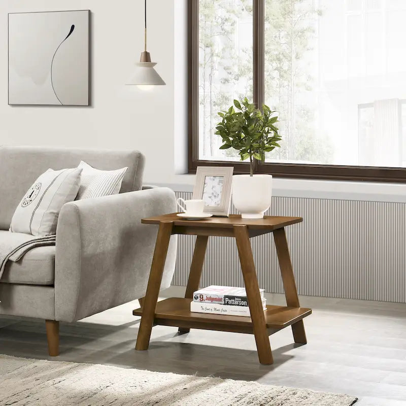 Table d'appoint étagère en bois du milieu du siècle, finition noyer