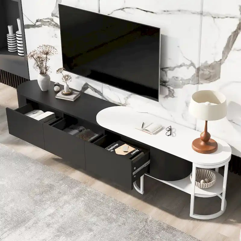Meuble TV extensible avec 3 tiroirs et pieds réglables en métal (Convient aux téléviseurs jusqu'à 75 pouces)