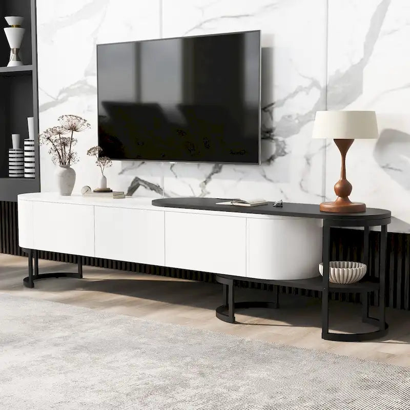 Meuble TV extensible avec 3 tiroirs et pieds réglables en métal (Convient aux téléviseurs jusqu'à 75 pouces)