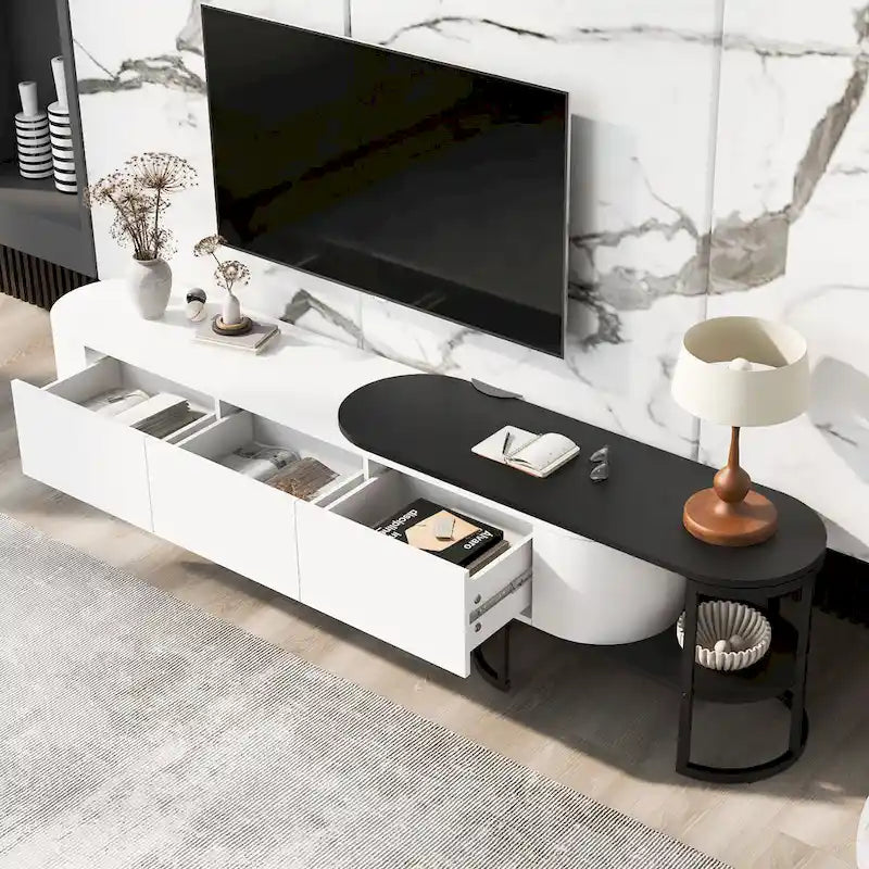 Meuble TV extensible avec 3 tiroirs et pieds réglables en métal (Convient aux téléviseurs jusqu'à 75 pouces)