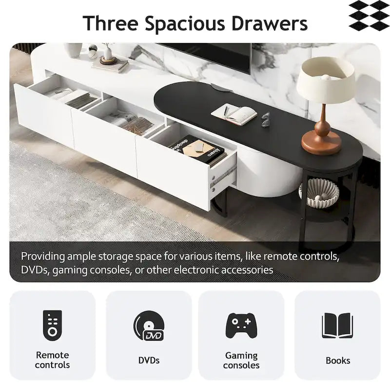 Meuble TV extensible avec 3 tiroirs et pieds réglables en métal (Convient aux téléviseurs jusqu'à 75 pouces)