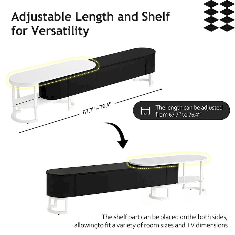 Meuble TV extensible avec 3 tiroirs et pieds réglables en métal (Convient aux téléviseurs jusqu'à 75 pouces)