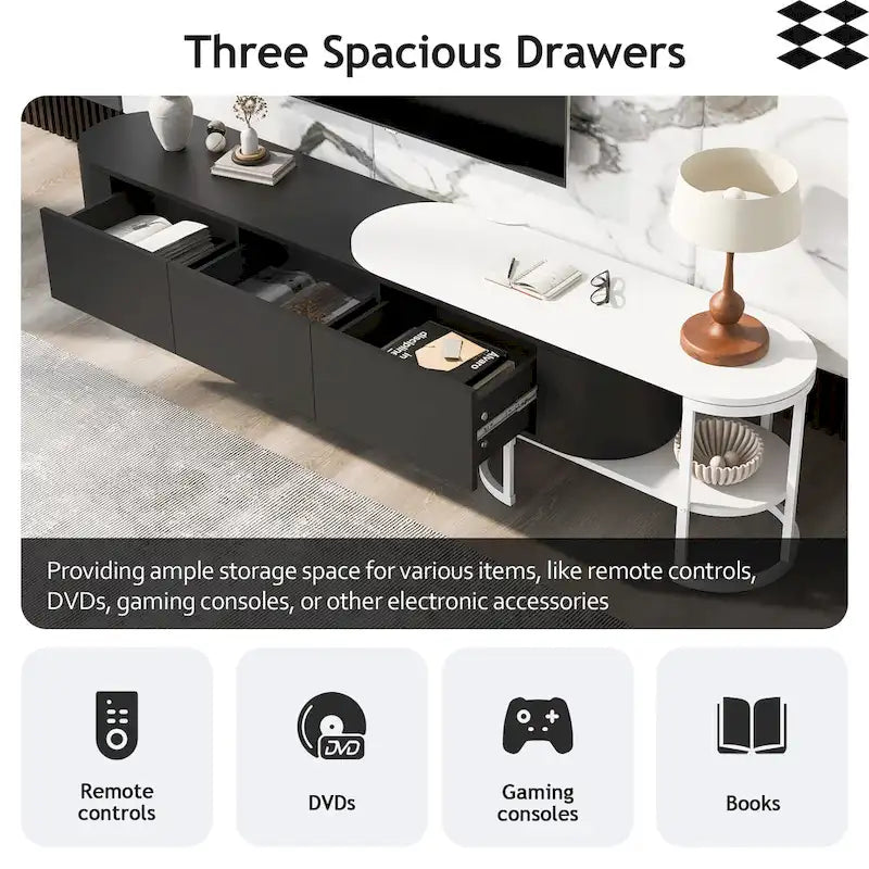 Meuble TV extensible avec 3 tiroirs et pieds réglables en métal (Convient aux téléviseurs jusqu'à 75 pouces)