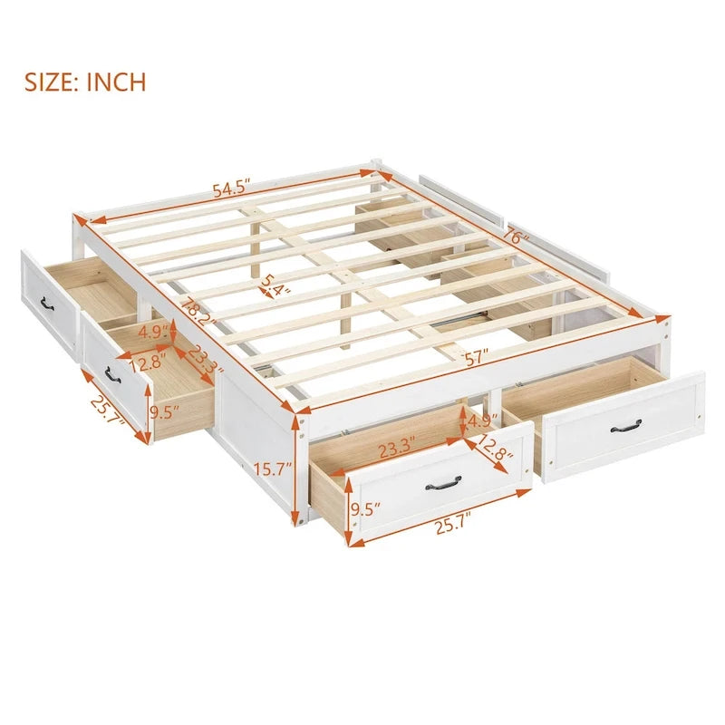 Lit plateforme double avec 6 tiroirs de rangement