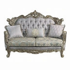 Causeuse avec 3 oreillers, tissu gris, finition bronze antique, 73 pouces