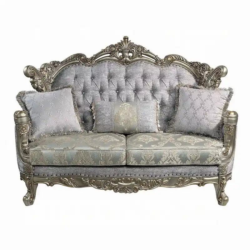 Causeuse avec 3 oreillers, tissu gris, finition bronze antique, 73 pouces