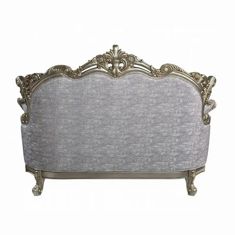Causeuse avec 3 oreillers, tissu gris, finition bronze antique, 73 pouces