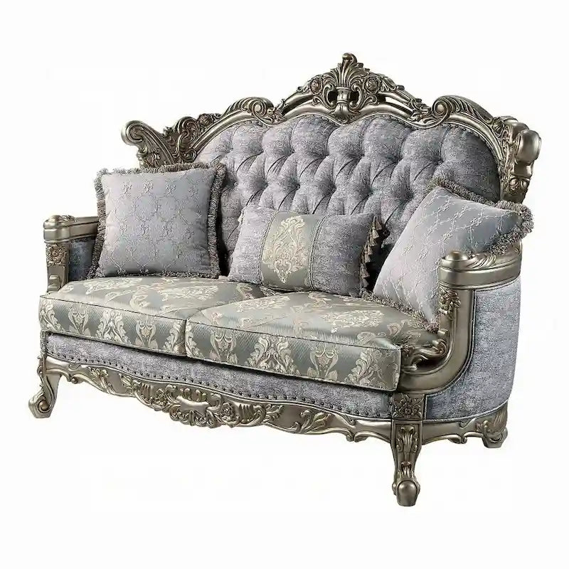 Causeuse avec 3 oreillers, tissu gris, finition bronze antique, 73 pouces