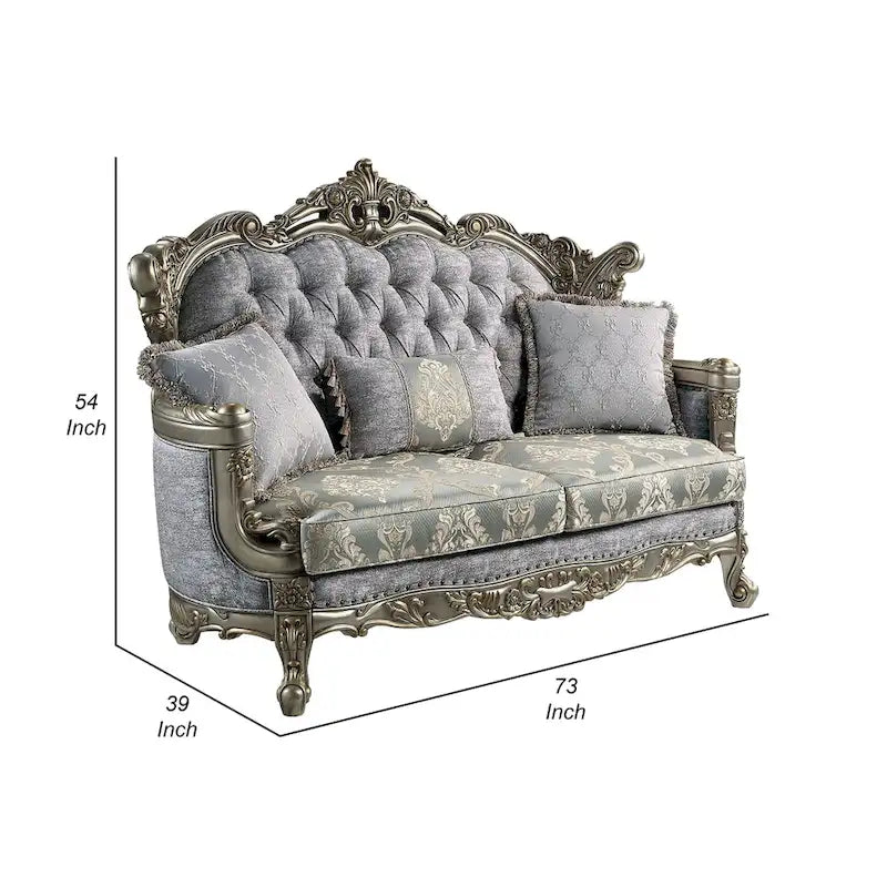 Causeuse avec 3 oreillers, tissu gris, finition bronze antique, 73 pouces
