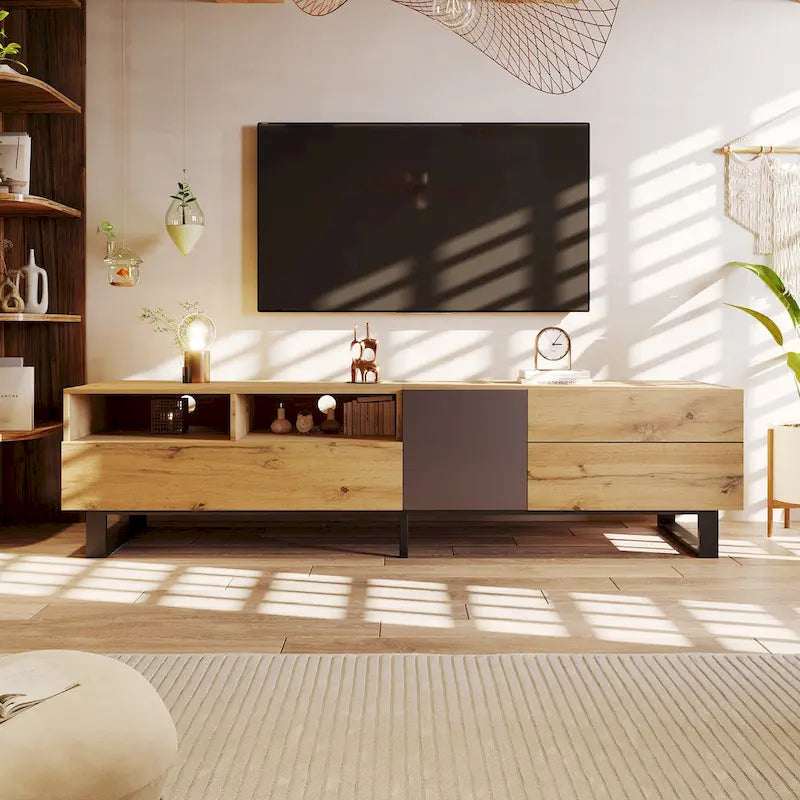 Meuble TV pour téléviseur de 80 pouces avec double espace de rangement, console multimédia, centre de divertissement avec porte abattante