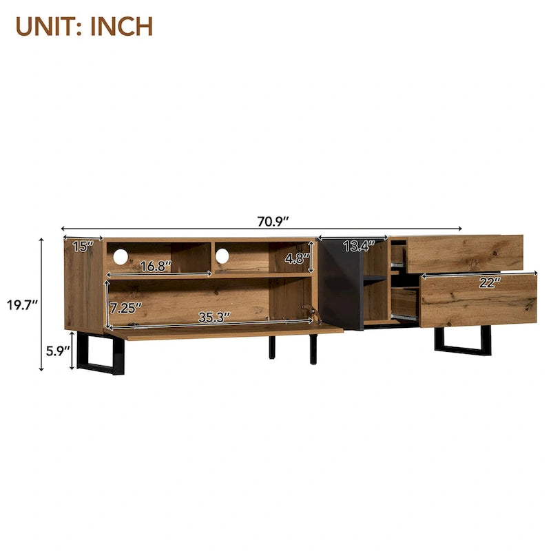 Meuble TV pour téléviseur de 80 pouces avec double espace de rangement, console multimédia, centre de divertissement avec porte abattante