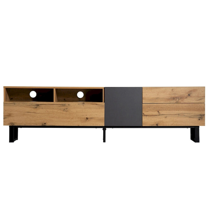 Meuble TV pour téléviseur de 80 pouces avec double espace de rangement, console multimédia, centre de divertissement avec porte abattante
