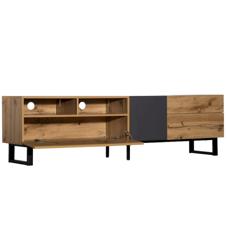 Meuble TV pour téléviseur de 80 pouces avec double espace de rangement, console multimédia, centre de divertissement avec porte abattante