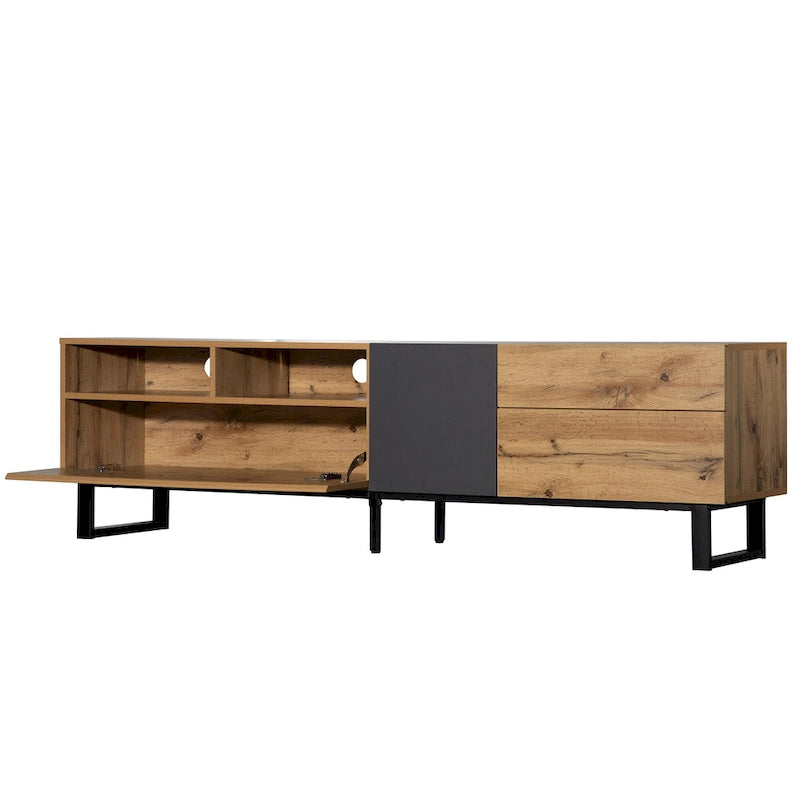 Meuble TV pour téléviseur de 80 pouces avec double espace de rangement, console multimédia, centre de divertissement avec porte abattante