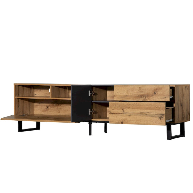 Meuble TV pour téléviseur de 80 pouces avec double espace de rangement, console multimédia, centre de divertissement avec porte abattante