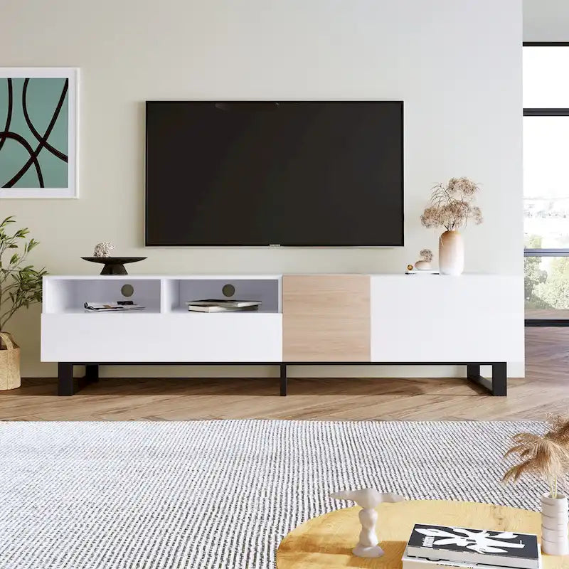 Meuble TV pour téléviseur de 80 pouces avec double espace de rangement, console multimédia, centre de divertissement avec porte abattante