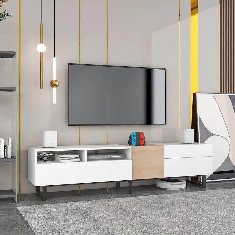 Meuble TV pour téléviseur de 80 pouces avec double espace de rangement, console multimédia, centre de divertissement avec porte abattante