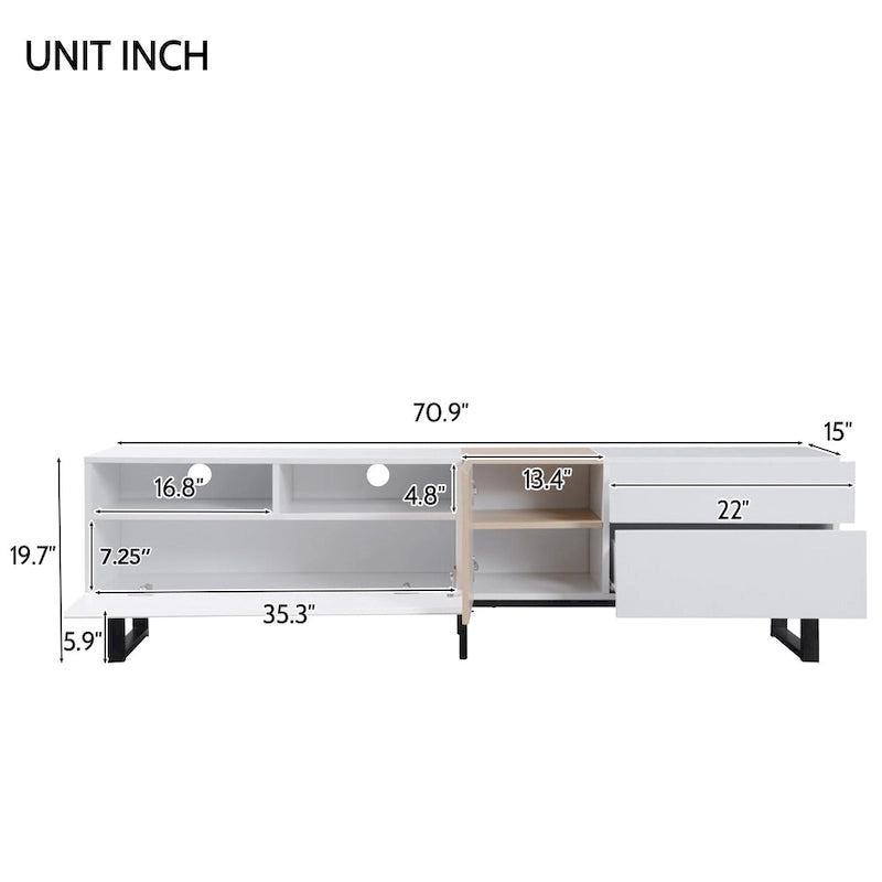 Meuble TV pour téléviseur de 80 pouces avec double espace de rangement, console multimédia, centre de divertissement avec porte abattante