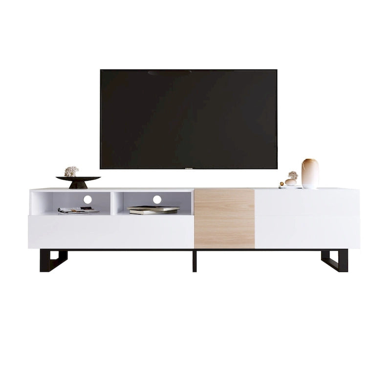 Meuble TV pour téléviseur de 80 pouces avec double espace de rangement, console multimédia, centre de divertissement avec porte abattante