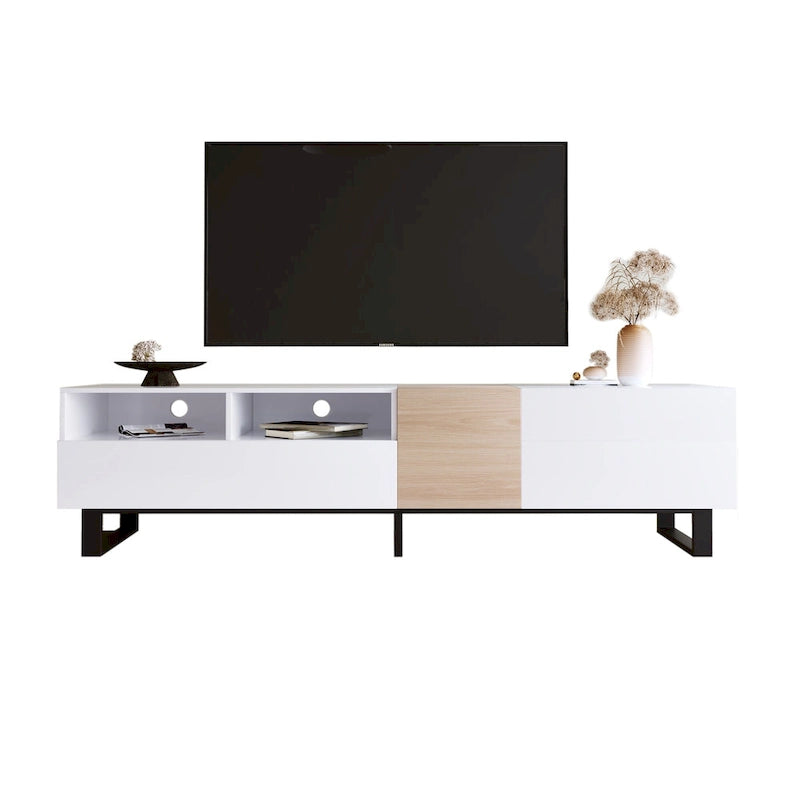 Meuble TV pour téléviseur de 80 pouces avec double espace de rangement, console multimédia, centre de divertissement avec porte abattante
