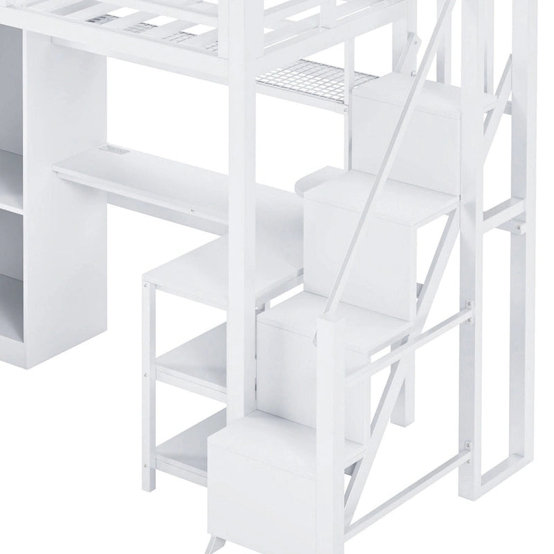 Lit mezzanine en métal avec bureau, armoire et escalier intégré – Lit simple/double