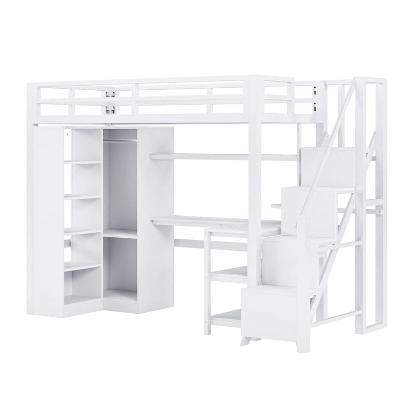 Lit mezzanine en métal avec bureau, armoire et escalier intégré – Lit simple/double