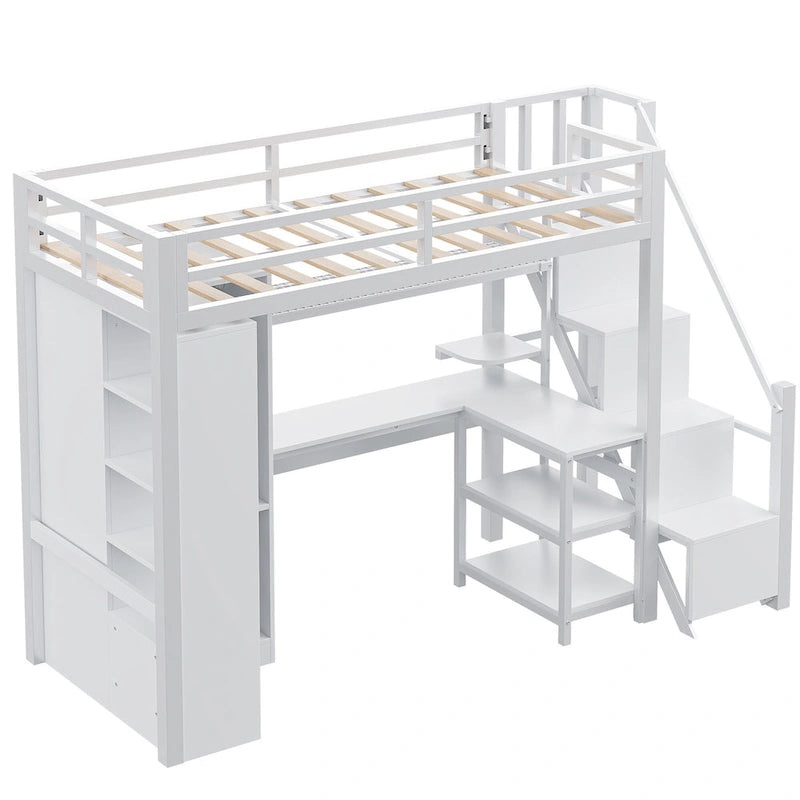 Lit mezzanine en métal avec bureau, armoire et escalier intégré – Lit simple/double