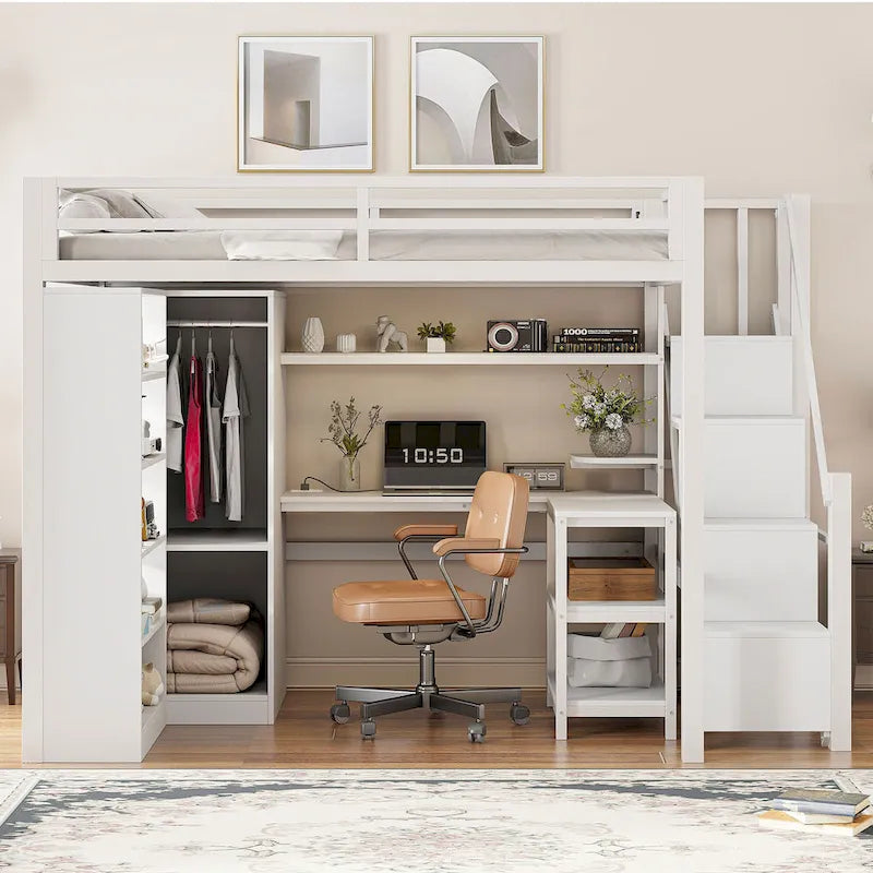 Lit mezzanine en métal avec bureau, armoire et escalier intégré – Lit simple/double