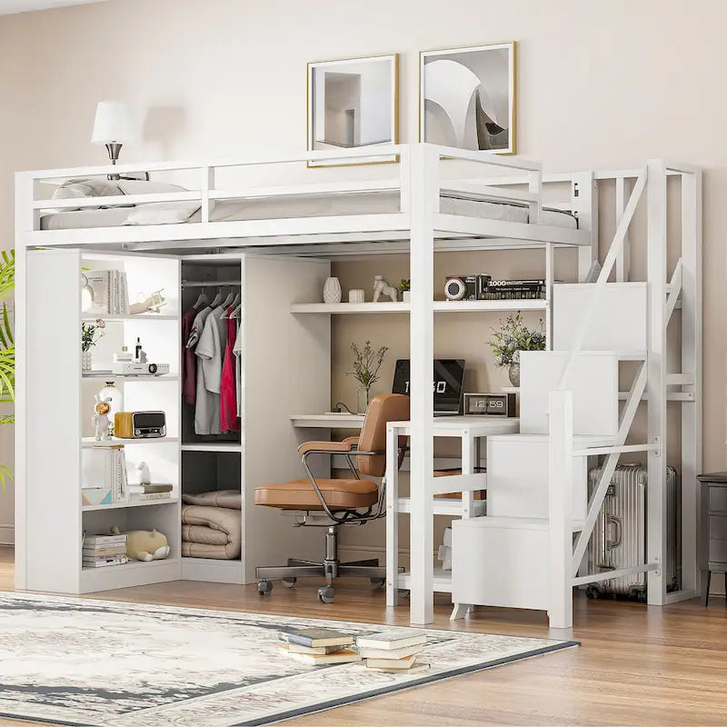 Lit mezzanine en métal avec bureau, armoire et escalier intégré – Lit simple/double