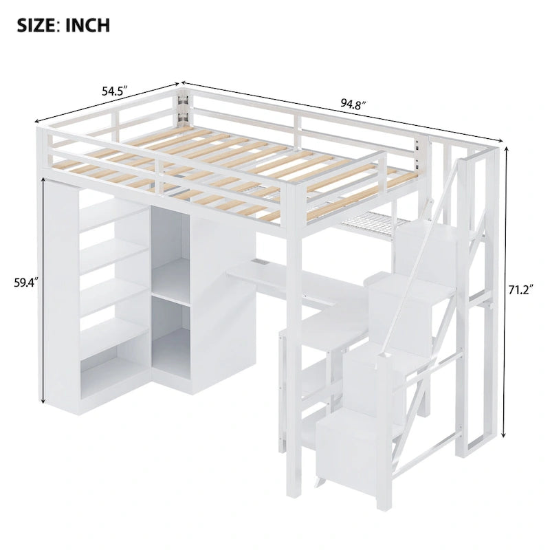 Lit mezzanine en métal avec bureau, armoire et escalier intégré – Lit simple/double