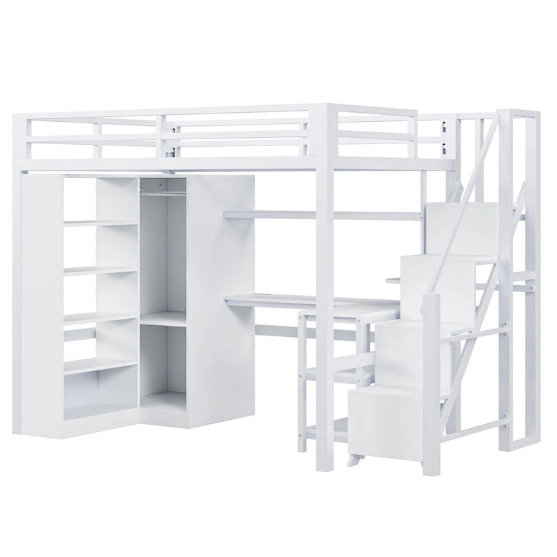 Lit mezzanine en métal avec bureau, armoire et escalier intégré – Lit simple/double