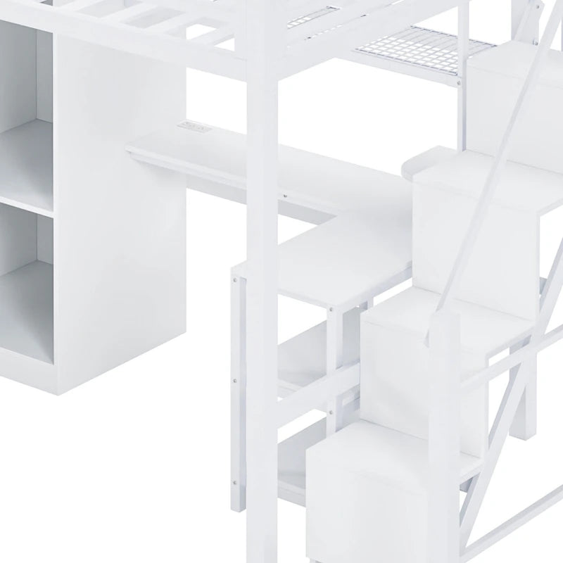 Lit mezzanine en métal avec bureau, armoire et escalier intégré – Lit simple/double