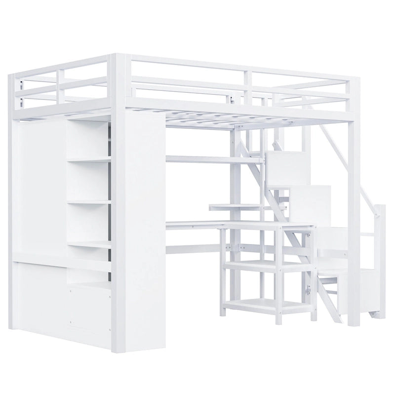 Lit mezzanine en métal avec bureau, armoire et escalier intégré – Lit simple/double