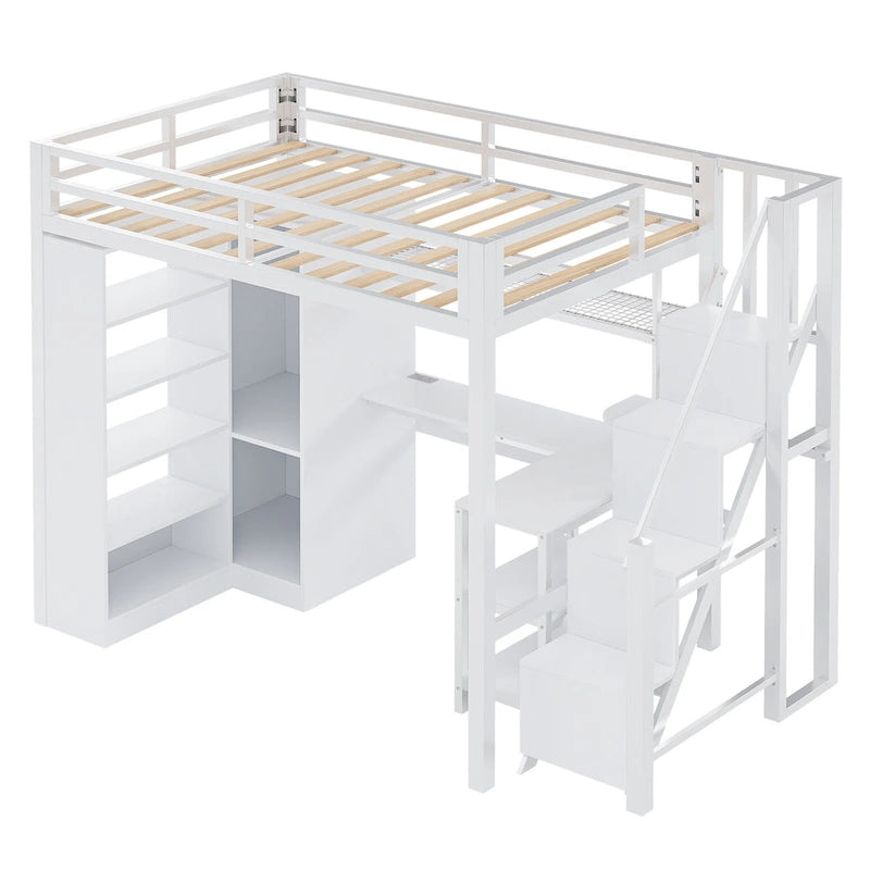 Lit mezzanine en métal avec bureau, armoire et escalier intégré – Lit simple/double
