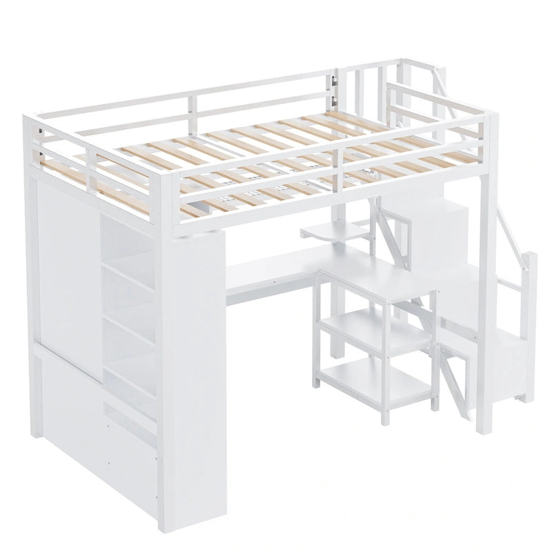 Lit mezzanine en métal avec bureau, armoire et escalier intégré – Lit simple/double