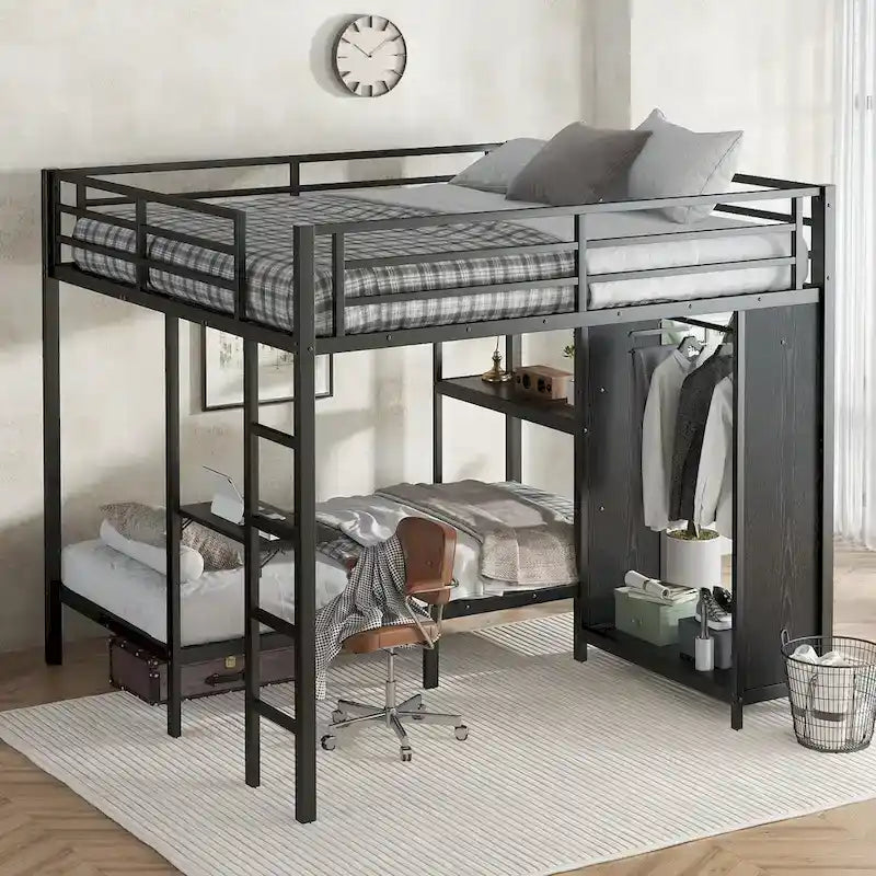 Lit superposé King sur Twin XL avec armoire intégrée et bureau pliable, Noir