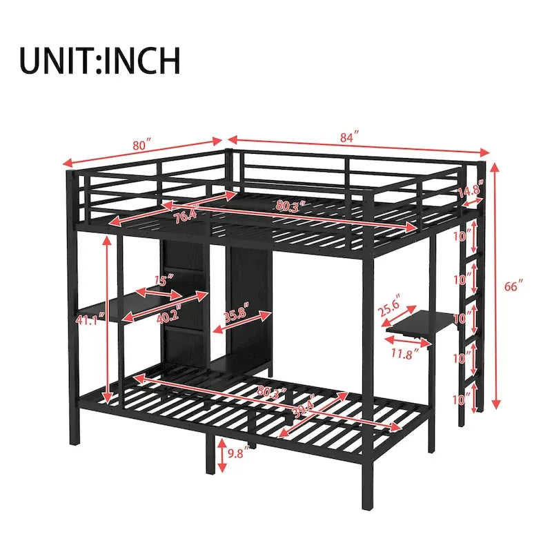 Lit superposé King sur Twin XL avec armoire intégrée et bureau pliable, Noir