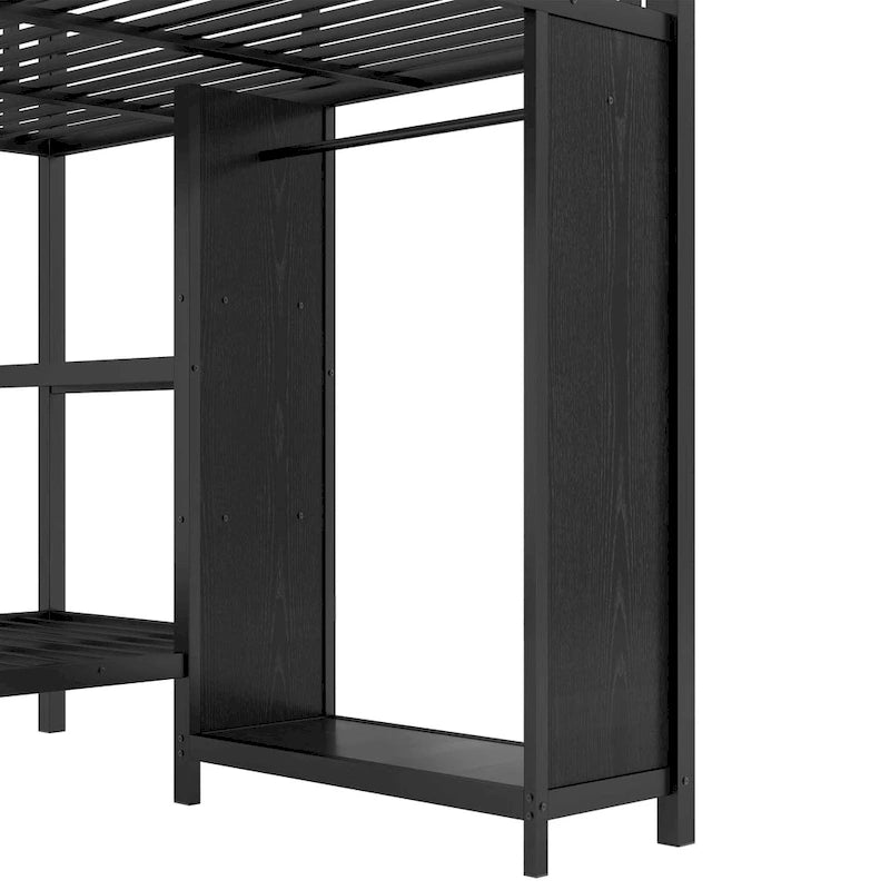 Lit superposé King sur Twin XL avec armoire intégrée et bureau pliable, Noir