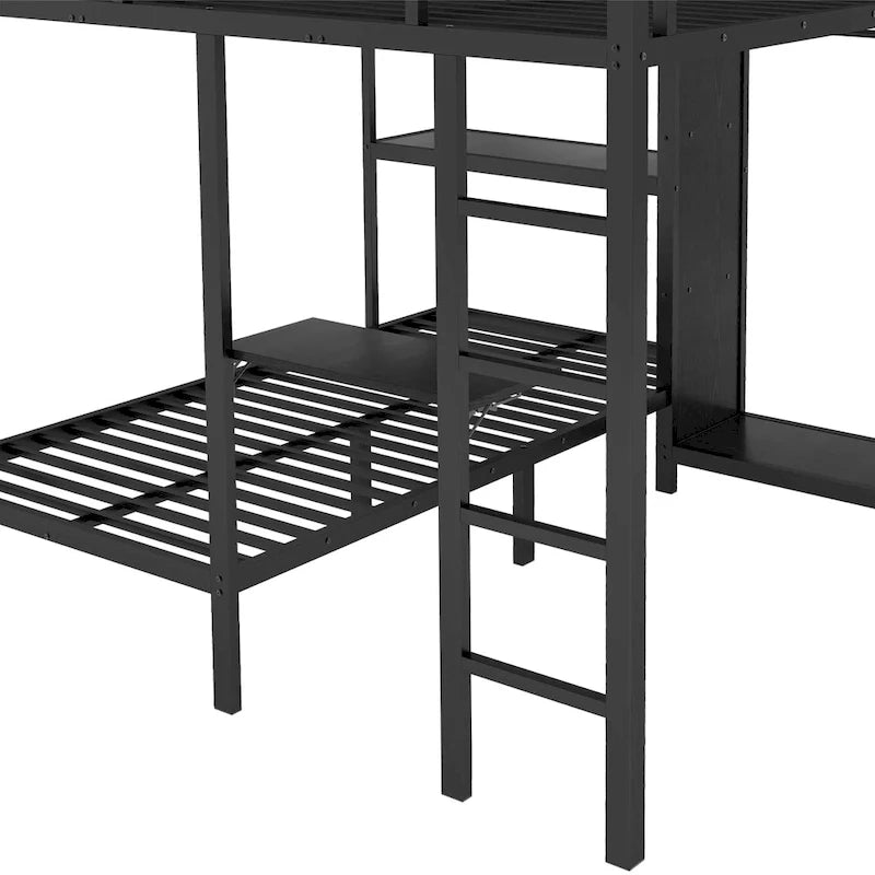 Lit superposé King sur Twin XL avec armoire intégrée et bureau pliable, Noir