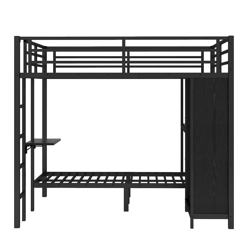Lit superposé King sur Twin XL avec armoire intégrée et bureau pliable, Noir