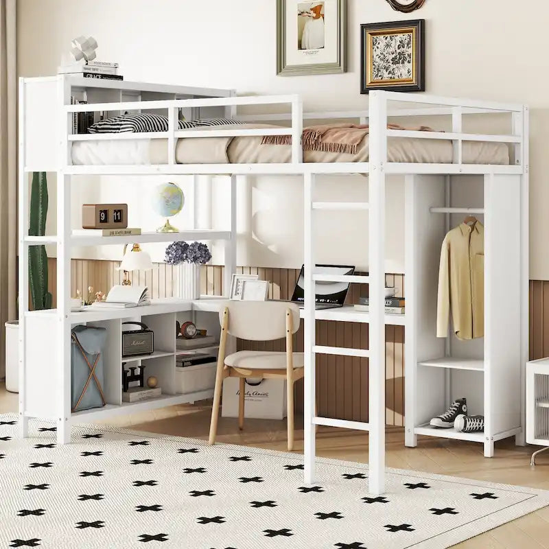 Lit mezzanine double en métal avec armoire, bureau en L et rangement