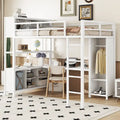 Lit mezzanine double en métal avec armoire, bureau en L et rangement