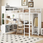 Lit mezzanine double en métal avec armoire, bureau en L et rangement