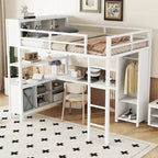 Lit mezzanine double en métal avec armoire, bureau en L et rangement
