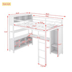 Lit mezzanine double en métal avec armoire, bureau en L et rangement