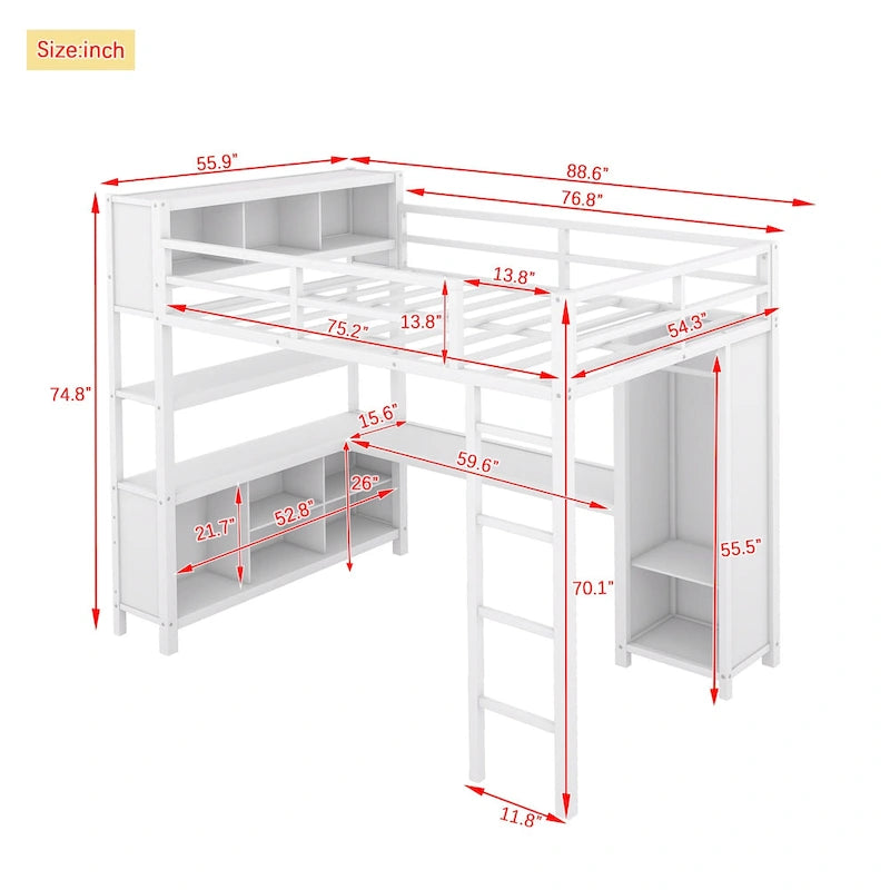 Lit mezzanine double en métal avec armoire, bureau en L et rangement
