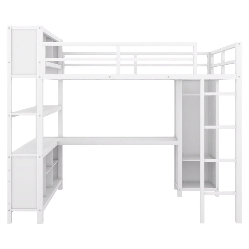 Lit mezzanine double en métal avec armoire, bureau en L et rangement