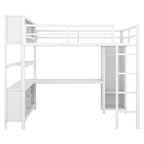Lit mezzanine double en métal avec armoire, bureau en L et rangement