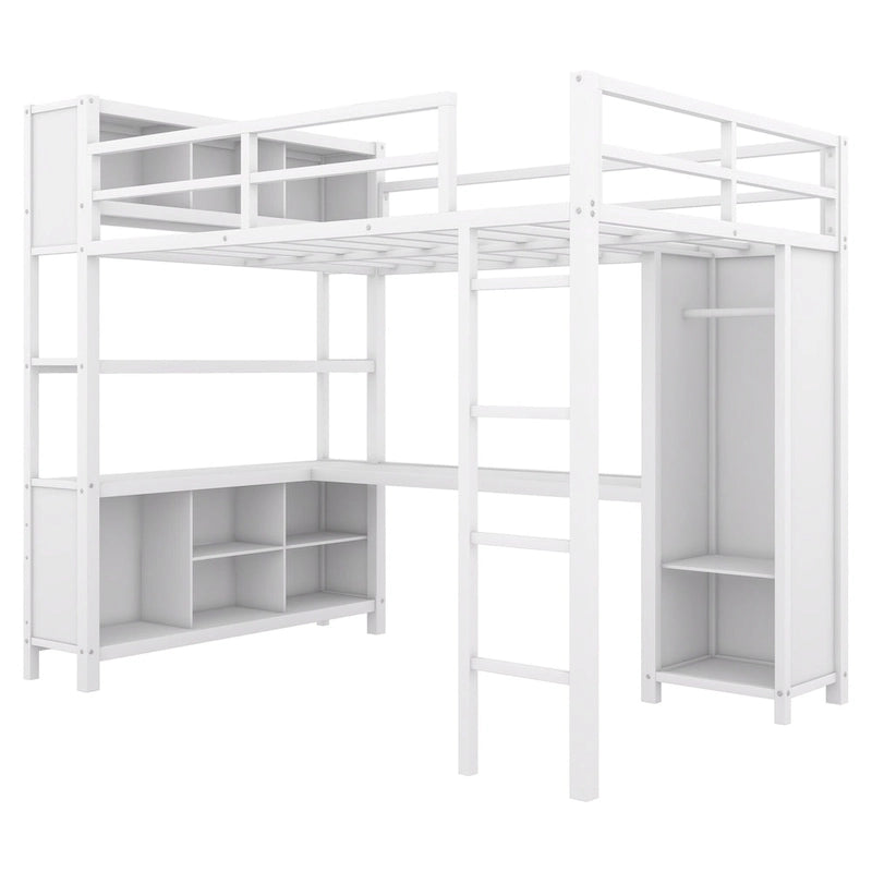Lit mezzanine double en métal avec armoire, bureau en L et rangement