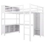 Lit mezzanine double en métal avec armoire, bureau en L et rangement